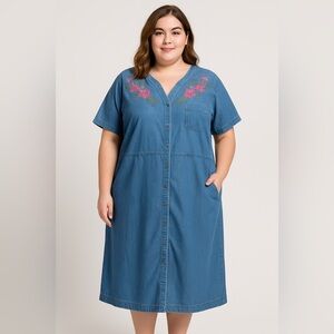 Country Store Denim Embroidered Floral Midi Dress 3x Cottage Button Pockets